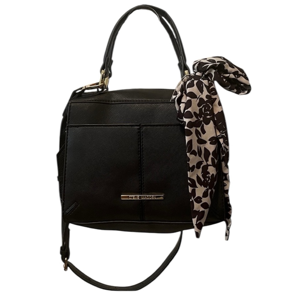Steve Madden Black Satchel with Floral Scarf Accent Shoulder Bag